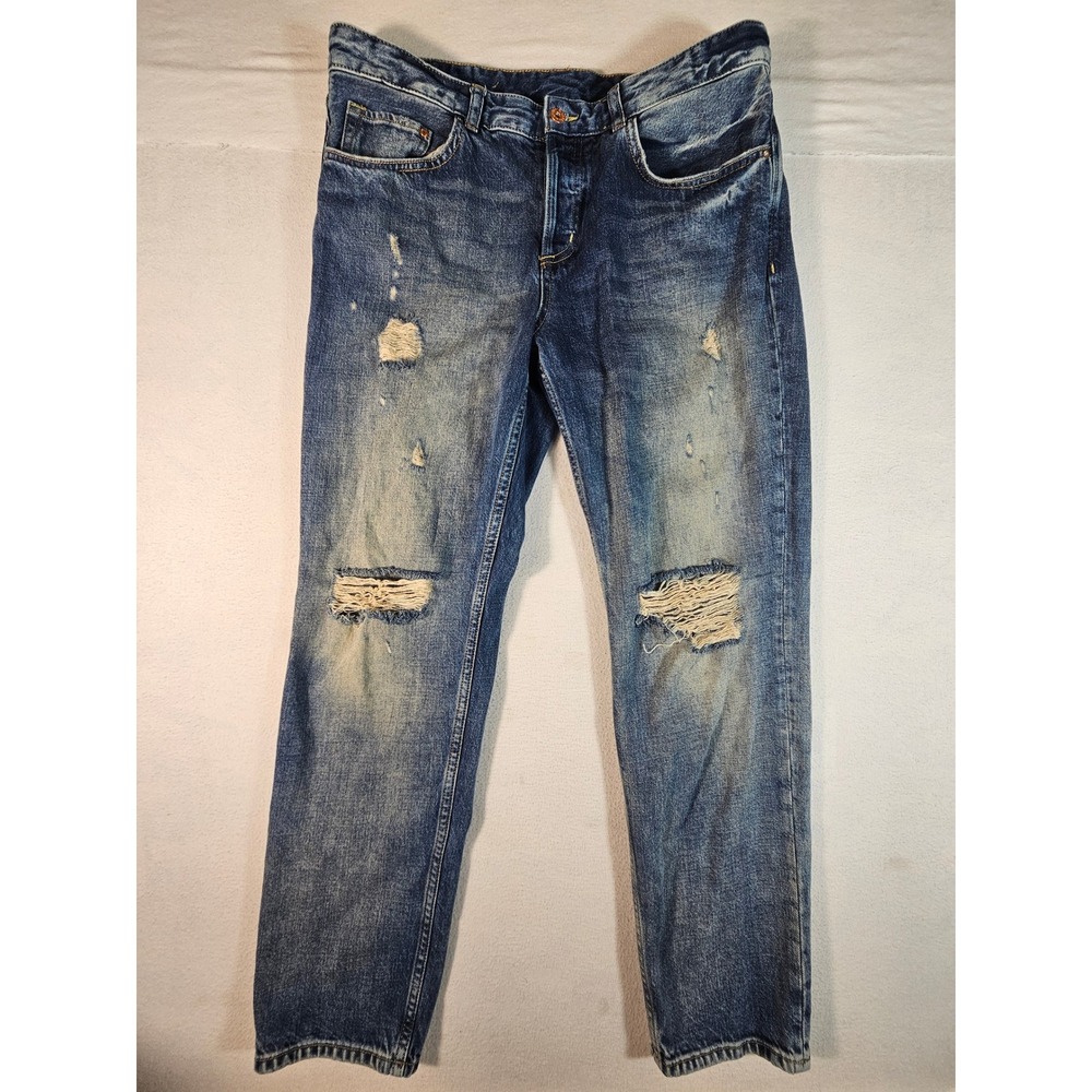 H&M &Denim Boyfriend Low Waist Distressed Ripped Blue Jeans Size 31 O/N 569350